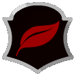 a black shield with a red leaf on it .