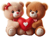 two teddy bears holding a red heart with the letters a.c on their heads