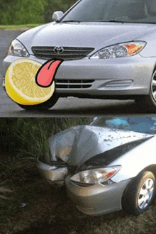 a toyota car with a lemon sticking out of it