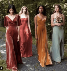 a group of women wearing velvet dresses are walking down a road