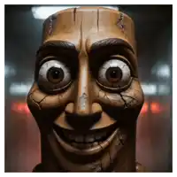a close up of a statue with big eyes and a smile