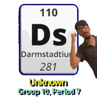 a man is standing in front of a periodic table with the unknown group 10 period 7