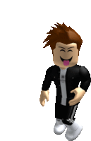 a roblox character wearing a black jacket and white pants is smiling and sticking his tongue out