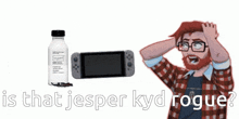 a man in a plaid shirt is holding his head next to a nintendo switch and a bottle of pills