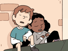 a cartoon of a boy and a girl sitting next to each other with their eyes closed