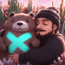 a man with a beard is hugging a teddy bear with a blue x on its chest