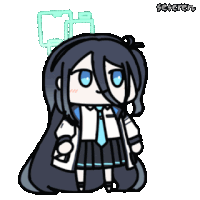 a cartoon drawing of a girl with long black hair and a blue tie