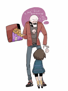 a drawing of a skeleton standing next to a little girl with the words " hey frisk " written on it