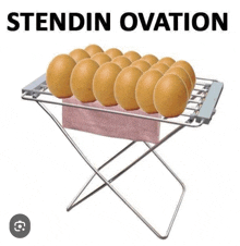 a bunch of eggs on a clothes drying rack with the words stendin ovation below them