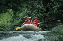 a group of people are rafting down a river with oars .