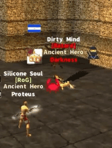 a screenshot of a video game with the words dirty mind ancient hero darkness