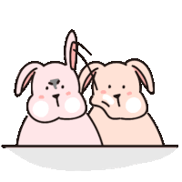 two pink rabbits are standing next to each other with their ears up .