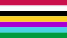 a flag with a red , white , black , yellow , purple , and blue stripes .