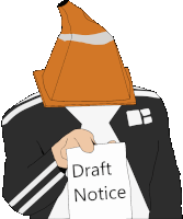 a person with a traffic cone on their head holding a draft notice