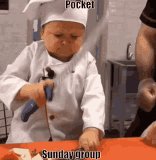 a little boy in a chef 's hat is cutting an apple on a cutting board with the words pocket sunday group on the bottom