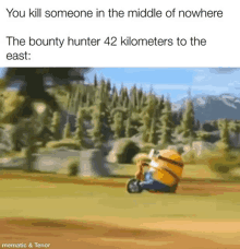 a minion is riding a motorcycle on a dirt road in a field .