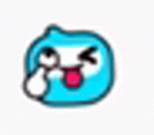 a blue cartoon character with a red tongue sticking out and a tear coming out of its eye .