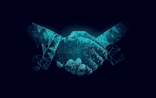 a handshake between two people made of lines and dots on a dark background .