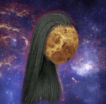 a woman 's head with a braided wig in front of a starry sky