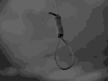 a black and white photo of a noose hanging from a ceiling .