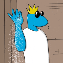 a blue cartoon character wearing sunglasses and a crown on his head