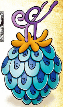 a cartoon drawing of a blue and purple fruit with a flower on top of it .