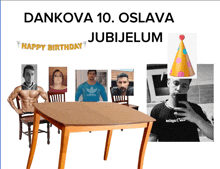 a poster for dankova 10 oslava jubileum with a table and chairs