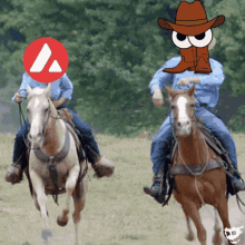 two cowboys are riding horses in a field with a red triangle on their head