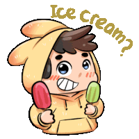 a cartoon of a boy holding two popsicles with the words " ice cream " written above him