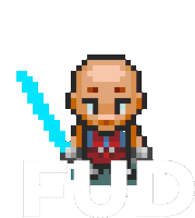 a pixel art of a bald man holding a blue sword with the word fud behind him