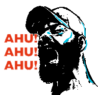 a drawing of a man with a beard and a hat with the words " ahu " written in red