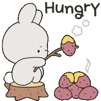 a cartoon rabbit is sitting on a tree stump and eating a sweet potato