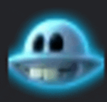 a cartoon flying saucer with two eyes and teeth .