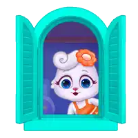 a cartoon bunny with a flower on her head looks out of a window