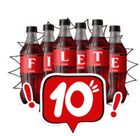 six bottles of filete coca cola are lined up next to a speech bubble with the number 10 on it