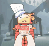 a cartoon character wearing a chef 's hat and a shirt that says accept claws
