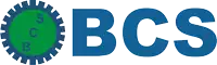 a blue and green logo for bcs with a green circle