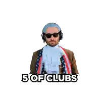 a man holding a playing card with the words " 5 of clubs " below him