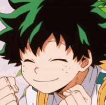 a close up of a cartoon character with green hair smiling