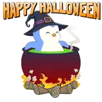 a penguin wearing a witch hat is sitting in a cauldron with the words happy halloween written above it