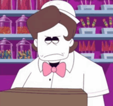 a cartoon character with a pink bow tie is holding a box in front of a candy store .