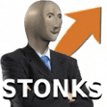 a man in a suit and tie is standing in front of an arrow and the word stonks .