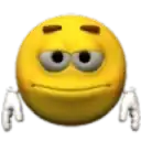 a close up of a yellow smiley face with a serious expression and arms .