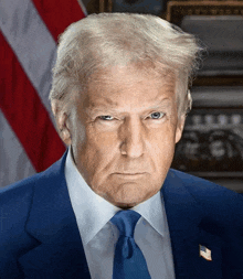 donald trump wearing a blue suit and tie with an american flag pin