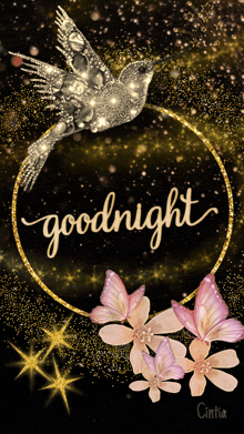 a poster that says goodnight with a hummingbird and flowers