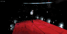 a man is standing on a red carpet in front of a crowd on a stage .