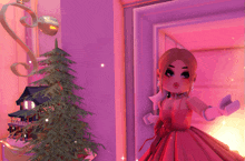 a cartoon girl in a red dress is standing in front of a christmas tree