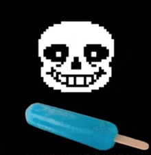 a pixel art of a skull and a blue popsicle