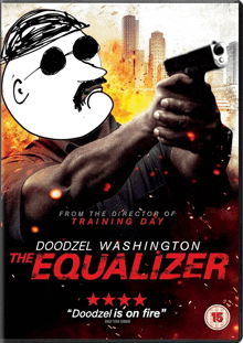 a dvd cover for the equalizer shows a man holding a gun