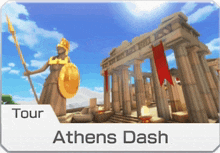 an advertisement for athens dash shows a statue of athena